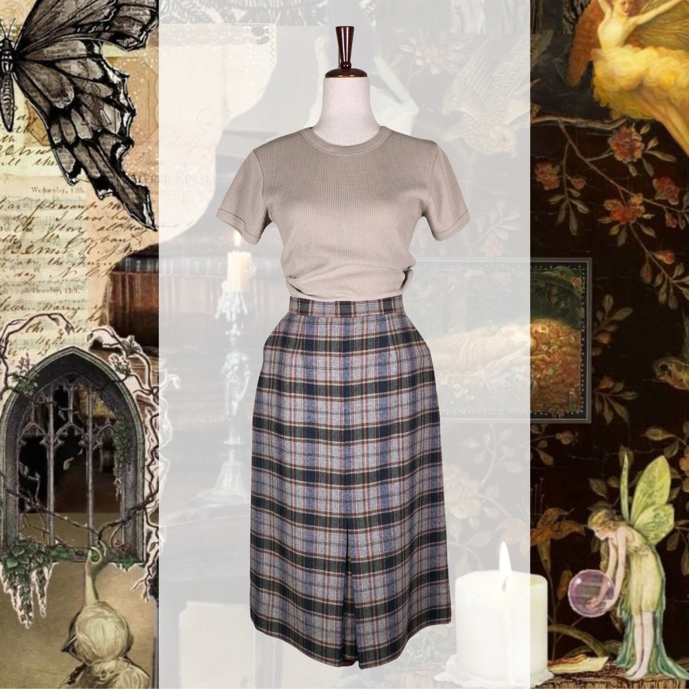 Dark Academia Wool Blend Skirt Size Small Midi Plaid Pockets Vintage 70s Ireland